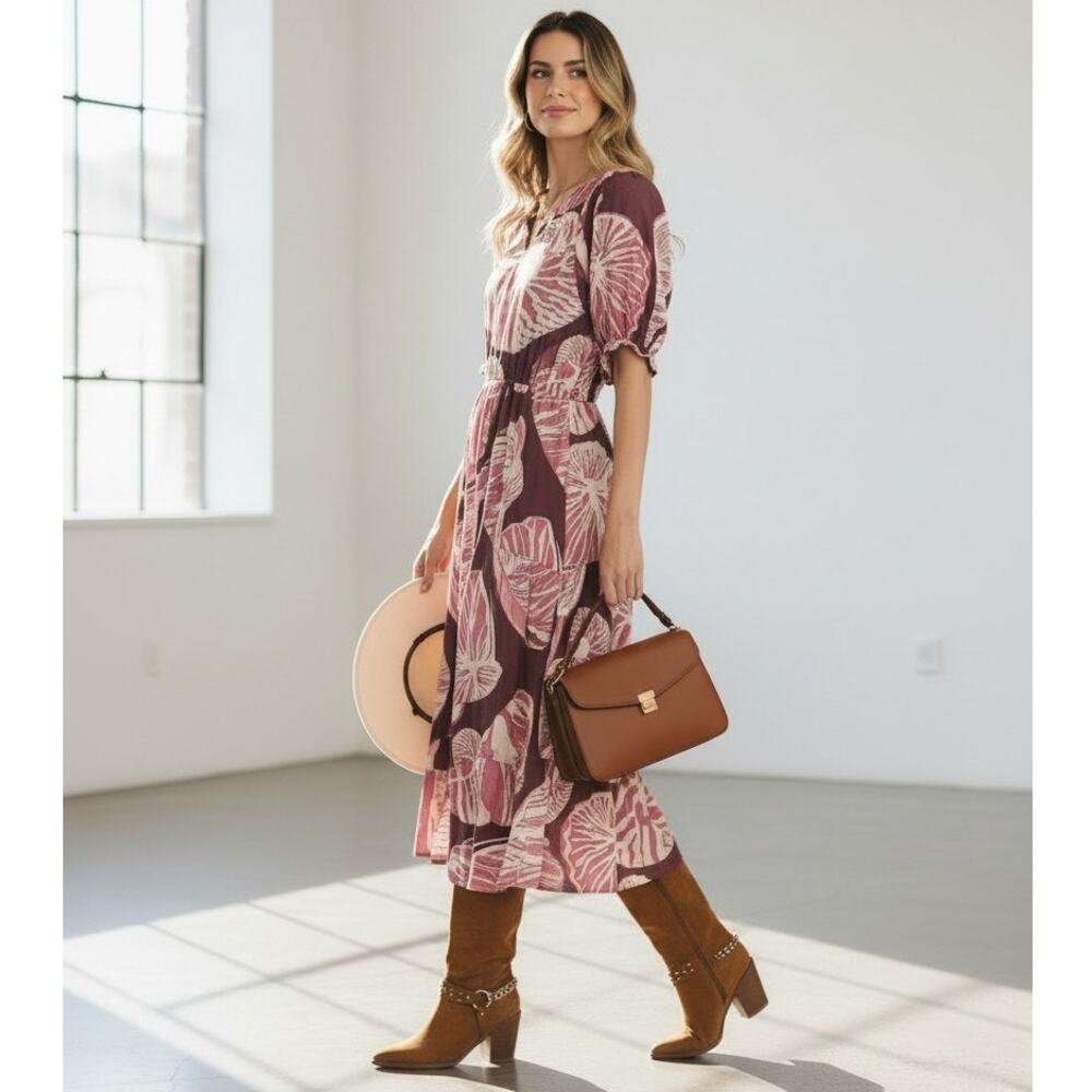 Umgee NWT Plum Botanical Floral Midi Dress Smocked Waist Boho Fall L